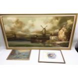 3 framed pictures to include large oil on canvas featuring windmills by L Costello. Frame size 51" x