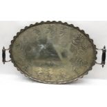 Large antique oval silver plated serving platter with two ebonised handles. Personal inscription