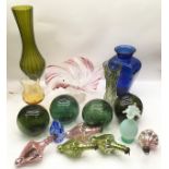A quantity of glassware to include green glass globes and vintage Christmas baubles