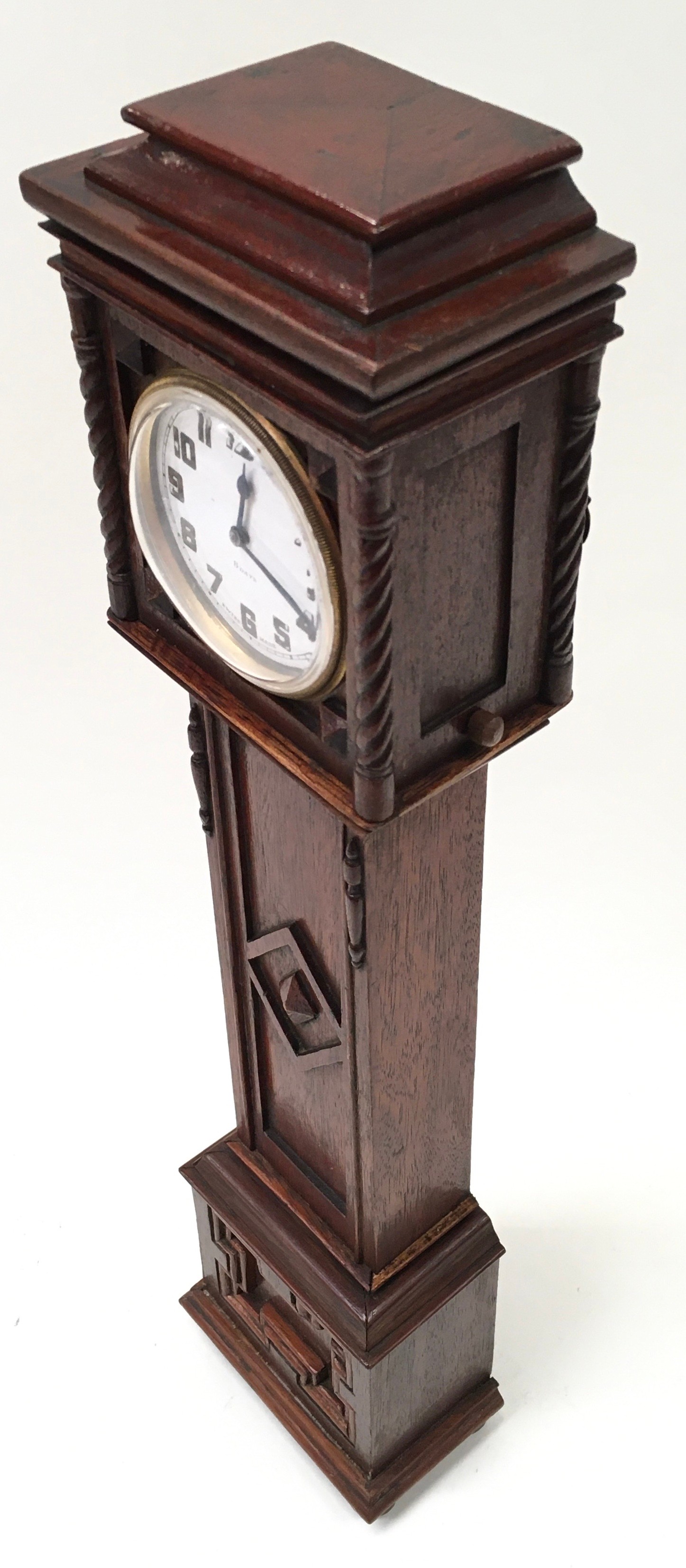 Open face pocket watch with blue hands mounted in a miniature long case clock 38cm tall - Image 3 of 5