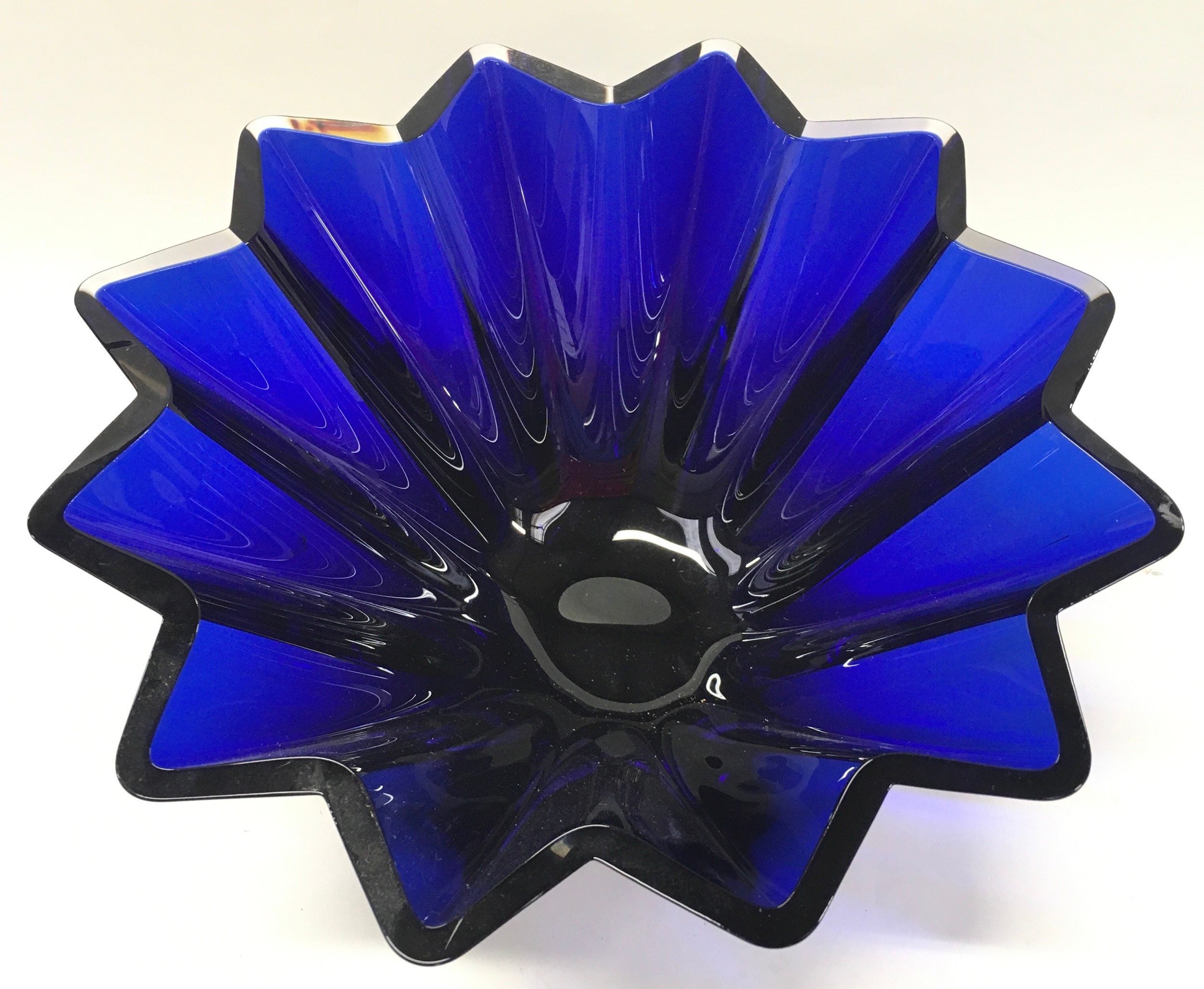 Dartington cobalt blue ribbed/pleated hand blown glass bowl diameter 31cm at widest point. - Image 2 of 4