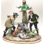 Quality Sitzendorf porcelain tableau of a wild boar hunting group. 19thC Saxony porcelain. O/all