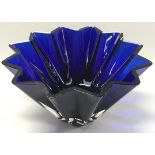 Dartington cobalt blue ribbed/pleated hand blown glass bowl diameter 31cm at widest point.