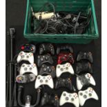 Large collection of gaming controllers, mainly X-Box versions. Complete with various cables etc