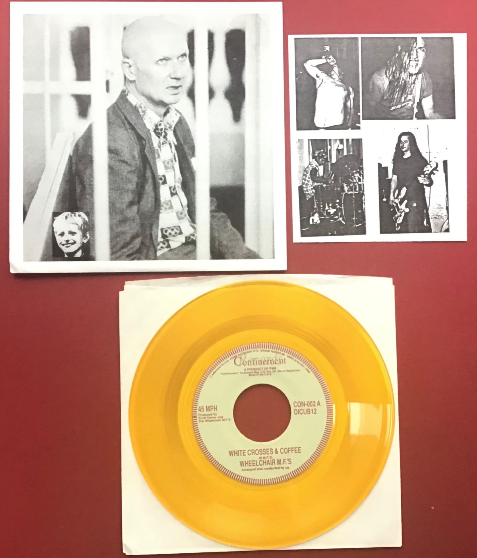 WHEELCHAIR M.F.'S 7" 'WHITE CROSSES & COFFEE'. Limited Edition, Yellow Translucent vinyl record from