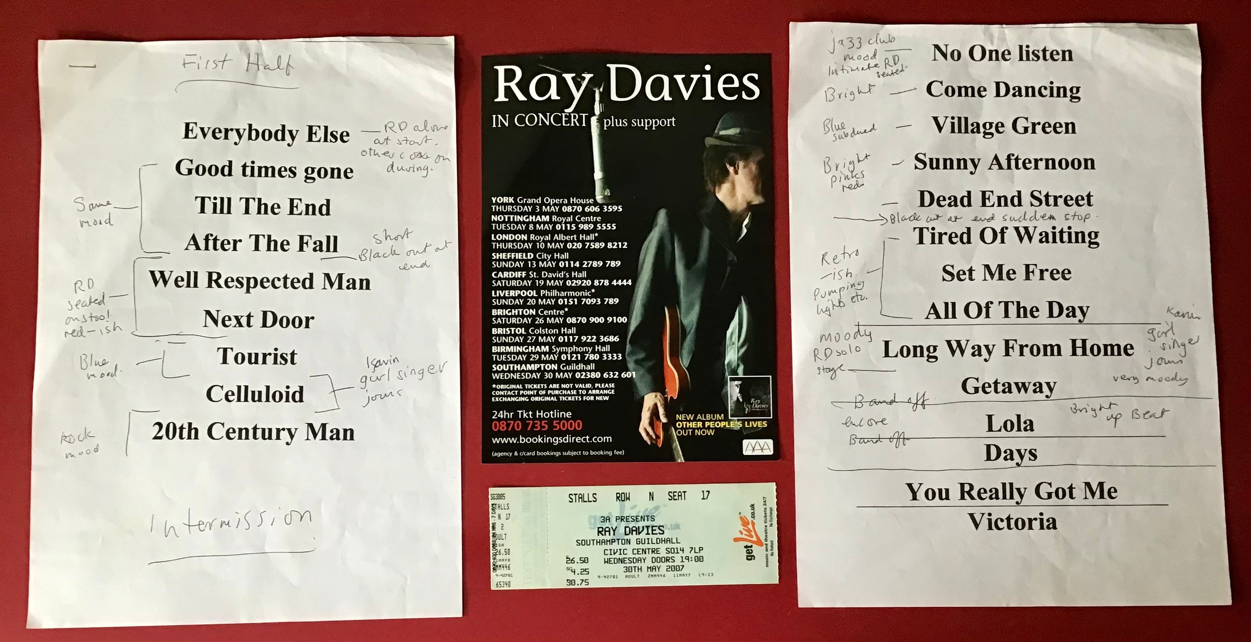 RAY DAVIES (THE KINKS) EPHEMERA. From the Southampton Guildhall gig on 30th May 2007 we have the