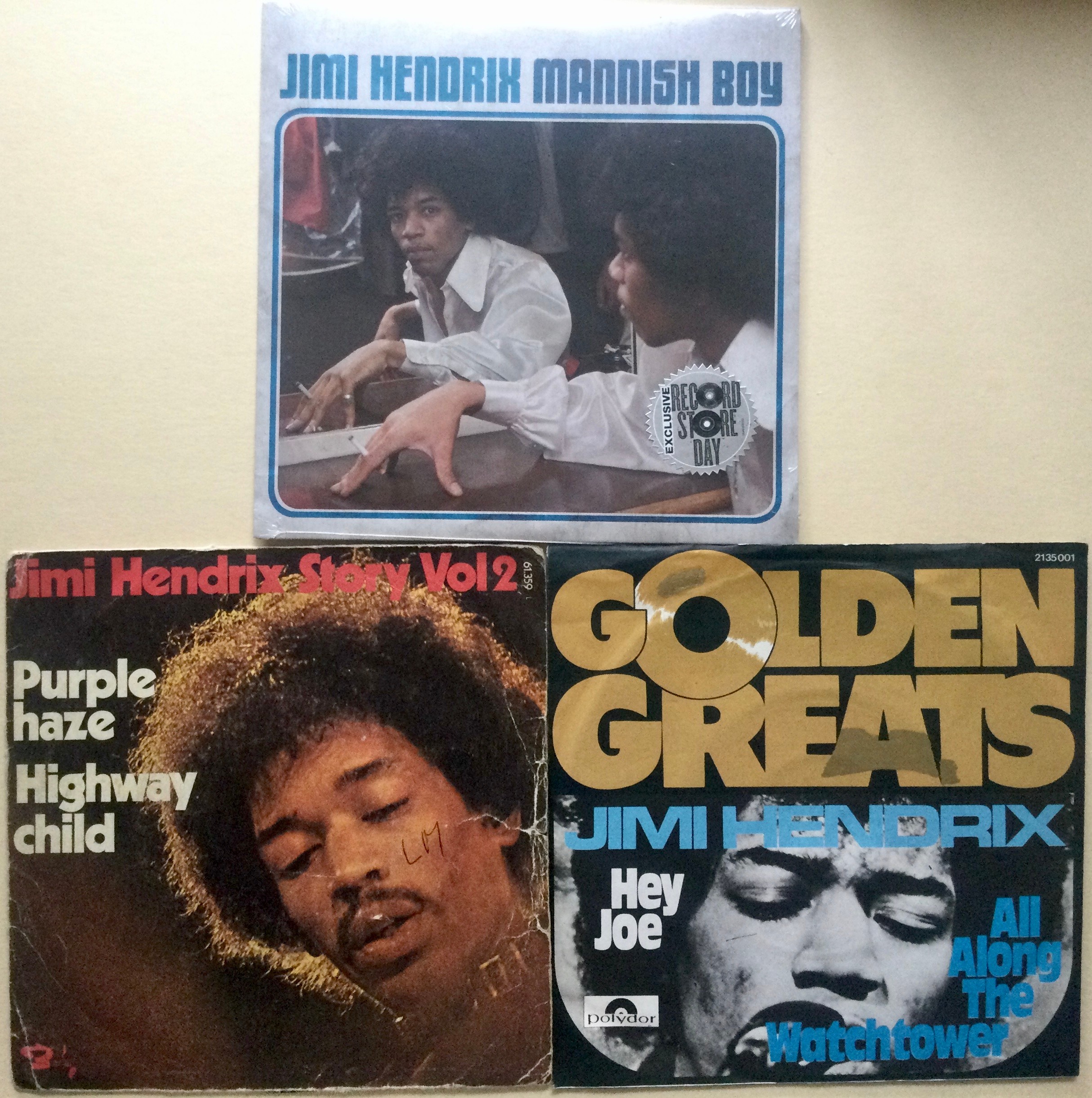 JIMI HENDRIX VINYL SINGLES X 3. A nice ‘Manish Boy’factory sealed copy from Record Store Day kick