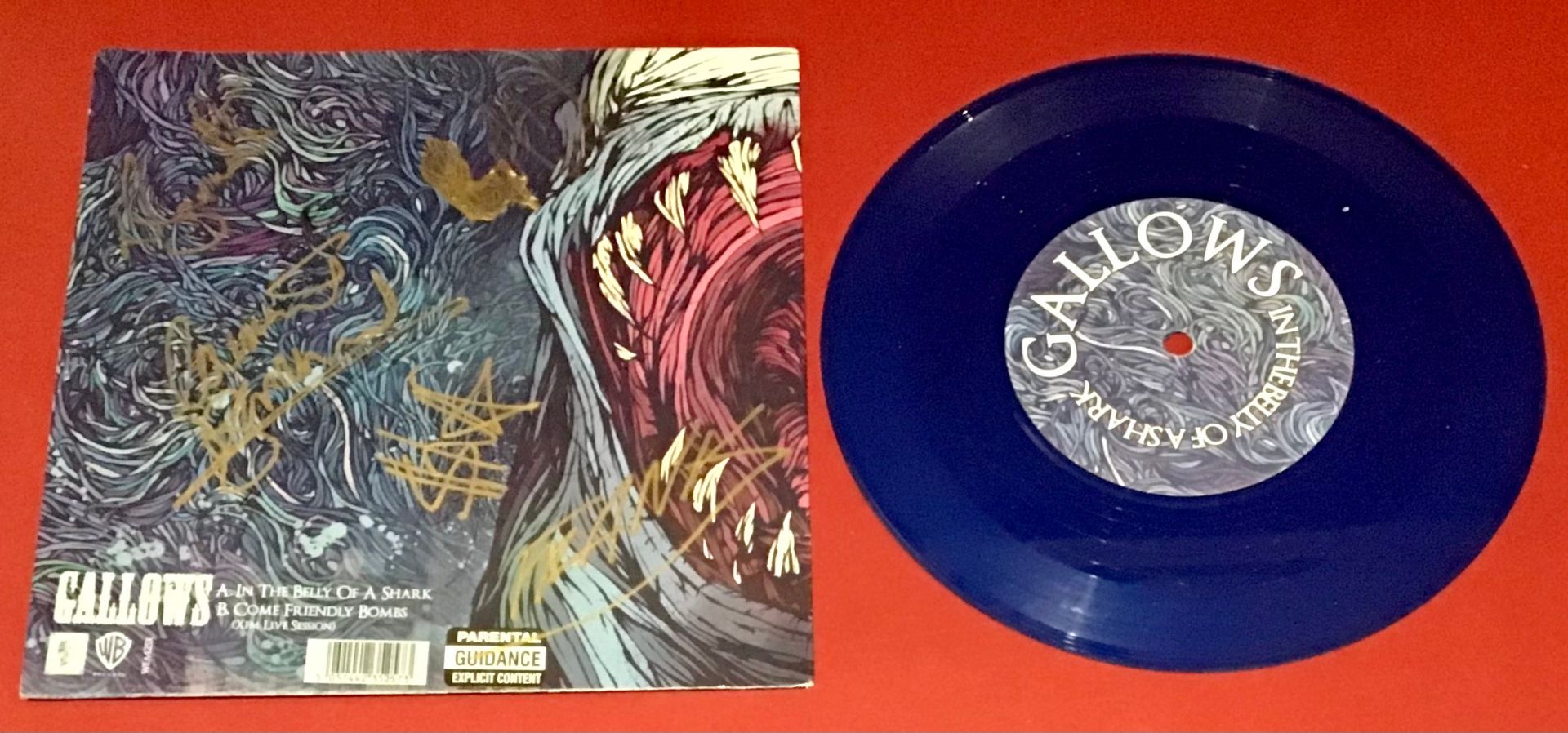 GALLOWS SIGNED 7” VINYL SINGLE. This is a blue vinyl of the song - In The Belly Of A Shark - signed - Image 2 of 2