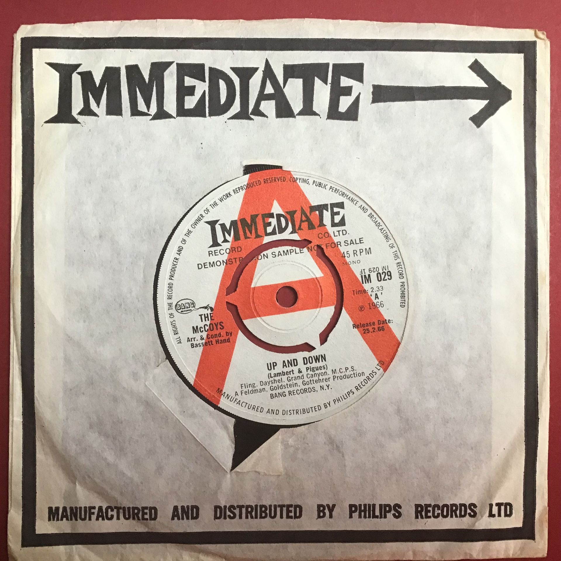 THE McCOYS 7” DEMO ‘UP AND DOWN’. Great single here from 1966 on the Immediate Label IM 029. Found