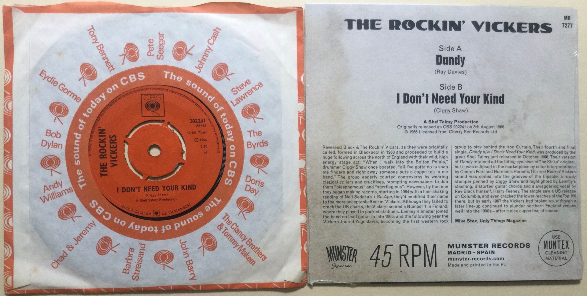 THE ROCKIN' VICKERS 7” x 2 ‘DANDY & I DON'T NEED YOUR KIND’. First we have the original CBS 202241 - Image 2 of 2