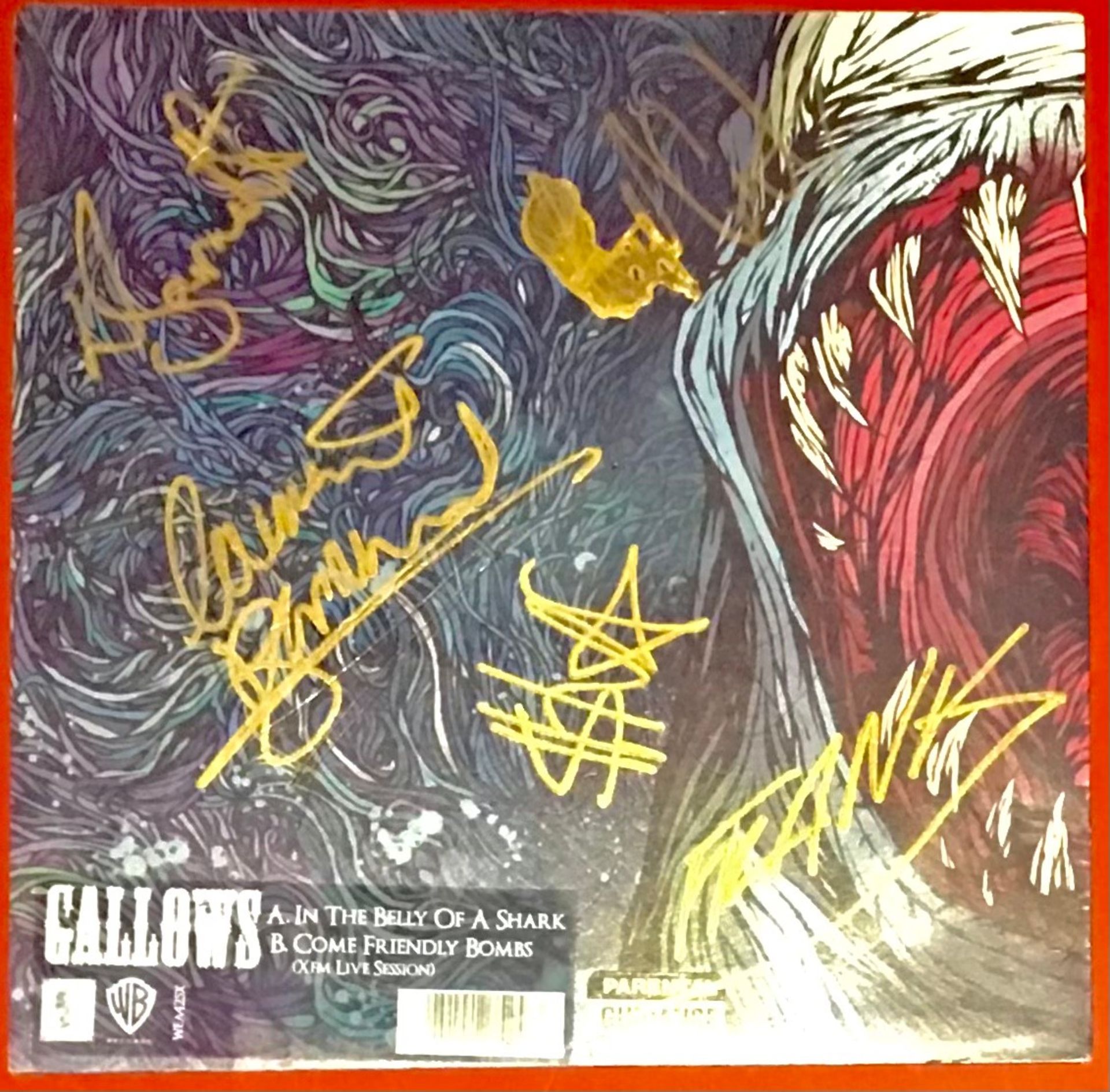 GALLOWS SIGNED 7” VINYL SINGLE. This is a blue vinyl of the song - In The Belly Of A Shark - signed