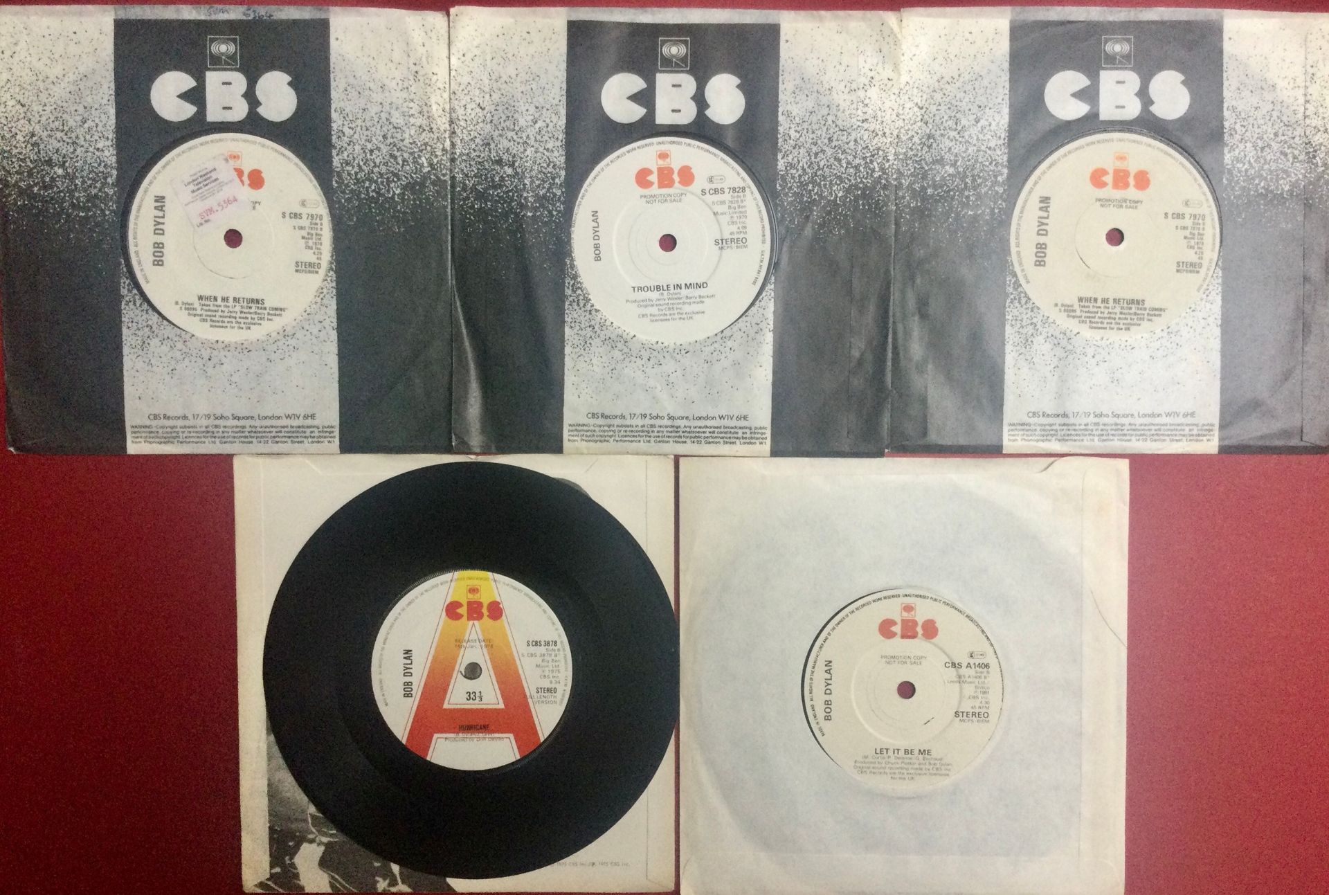 COLLECTION OF BOB DYLAN PROMO RECORDS. This set of 5 singles contains all UK demo?s - 4 in generic - Image 2 of 2