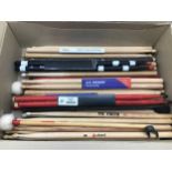 BOX OF VARIOUS DRUM STICKS. Various makes here with some being brand new and some used.