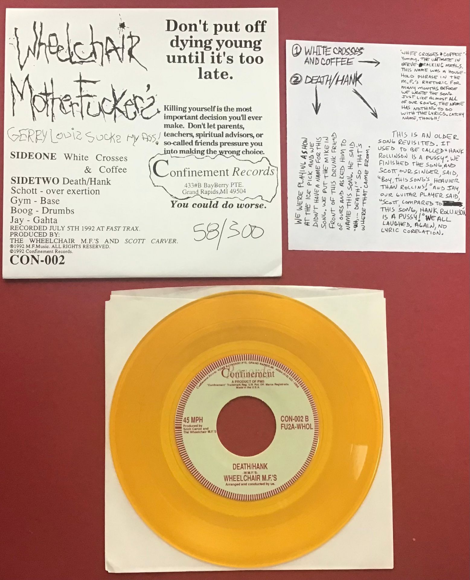 WHEELCHAIR M.F.'S 7" 'WHITE CROSSES & COFFEE'. Limited Edition, Yellow Translucent vinyl record from - Image 2 of 2