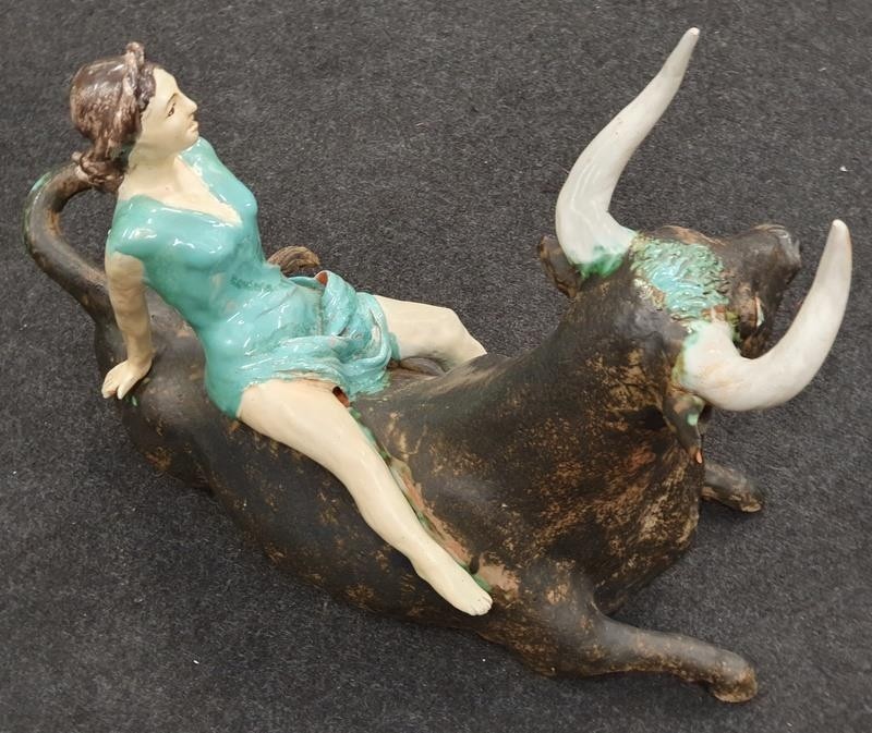 Bill Newman clay statue of a lady upon a Spanish bull H 40cm, W 58cm - Image 4 of 5
