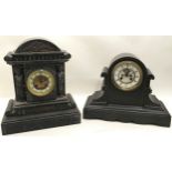 Two antique slate mantle clocks, the largest being 15? tall.