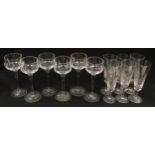 Stuart Crystal 1970s set of six champagne flutes together with a set of six wine hocks/glasses.
