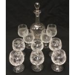 Two sets of stemmed crystal brandy drinking glasses together with a decanter (11).