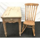 Antique pine small kitchen table with cutlery draw on turned supports 107x73x54cm together an elm