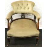 Walnut round button back chair on cabriole legs and castors with velour trim 75x65x65cm