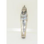 Silver propelling pencil in the form of an Egyptian Mummy with enamel inlay.