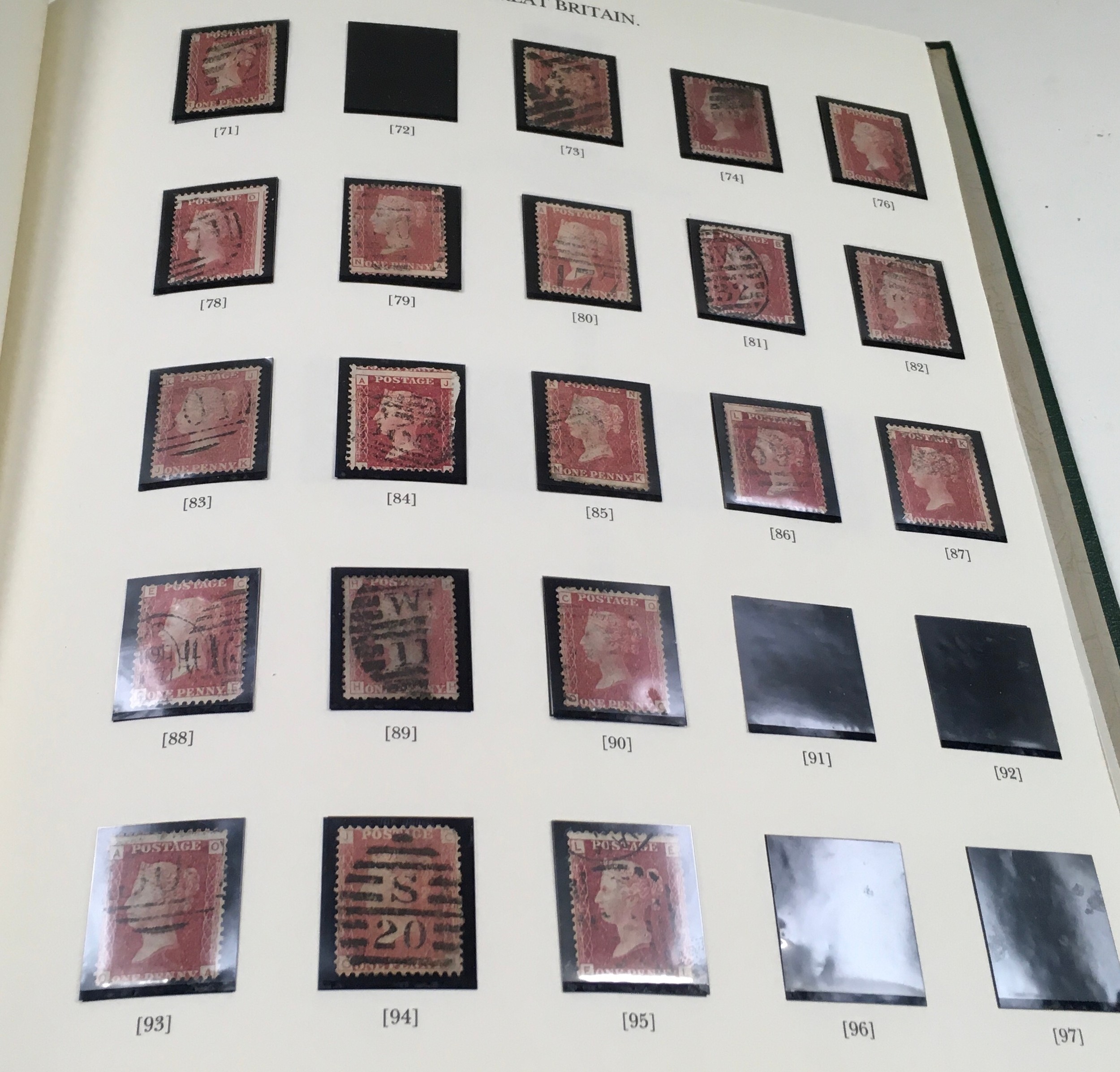 Green Windsor GB stamp album containing 122 Penny Reds (121 different plates)