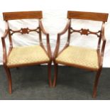 Pair of Edwardian mahogany inlaid carver chairs with drop in seats and carved back panel, Supplied