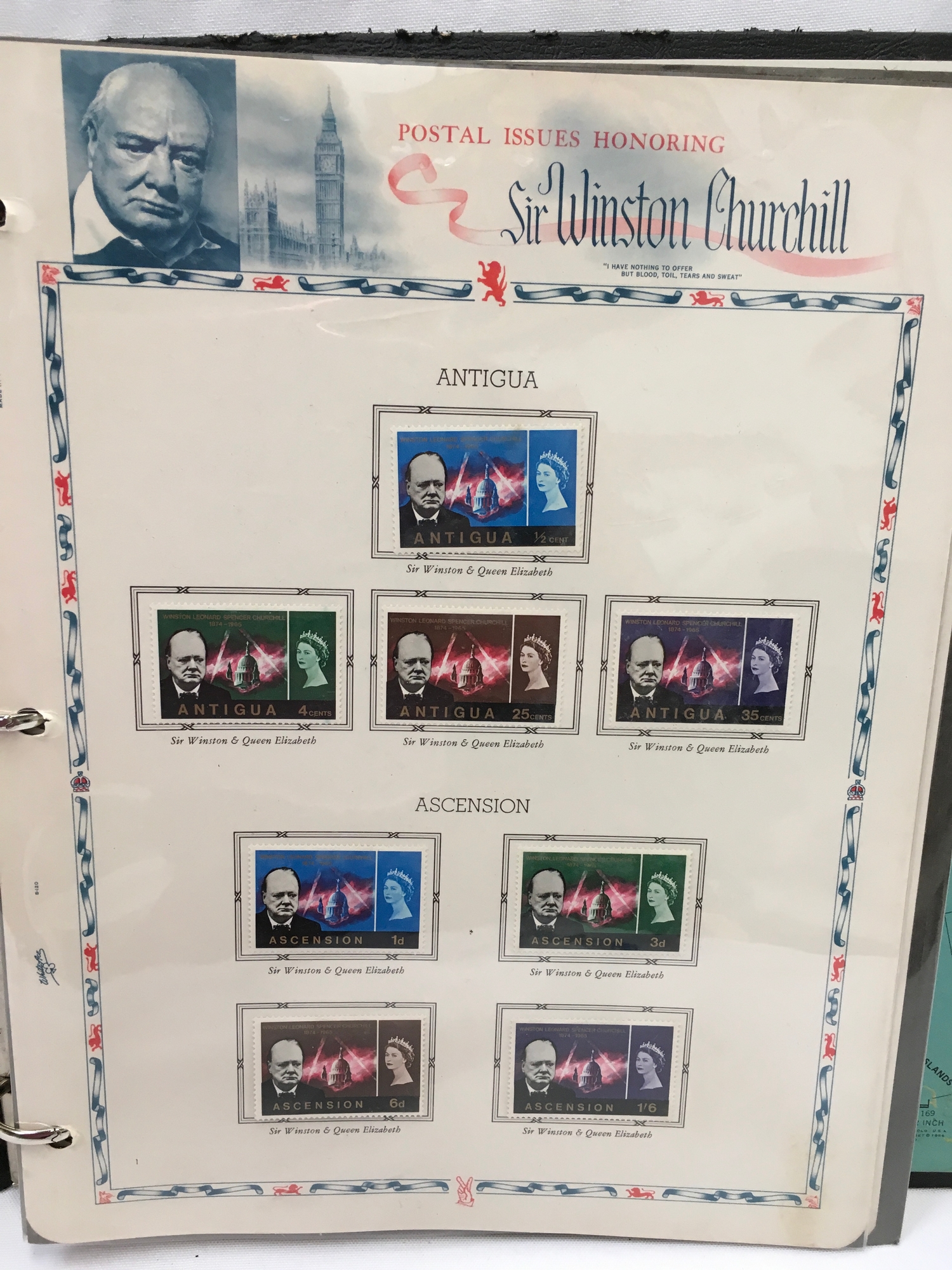 A folder containing Sir Winston Churchill stamps (unfranked).