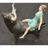 Attributed to "Bill Newman" a clay statue of a Lady upon a Spanish bull H 52cm, W 51cm