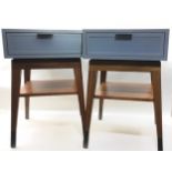 Pair of contemporary matching bedside cabinets having single draw over tapering legs from (