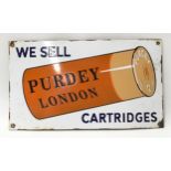 Enamel sign marked "Purdey, London Cartridges" 46.5x27cm.