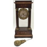Edwardian inlaid pillar clock with box wood inlay and brass pendulum