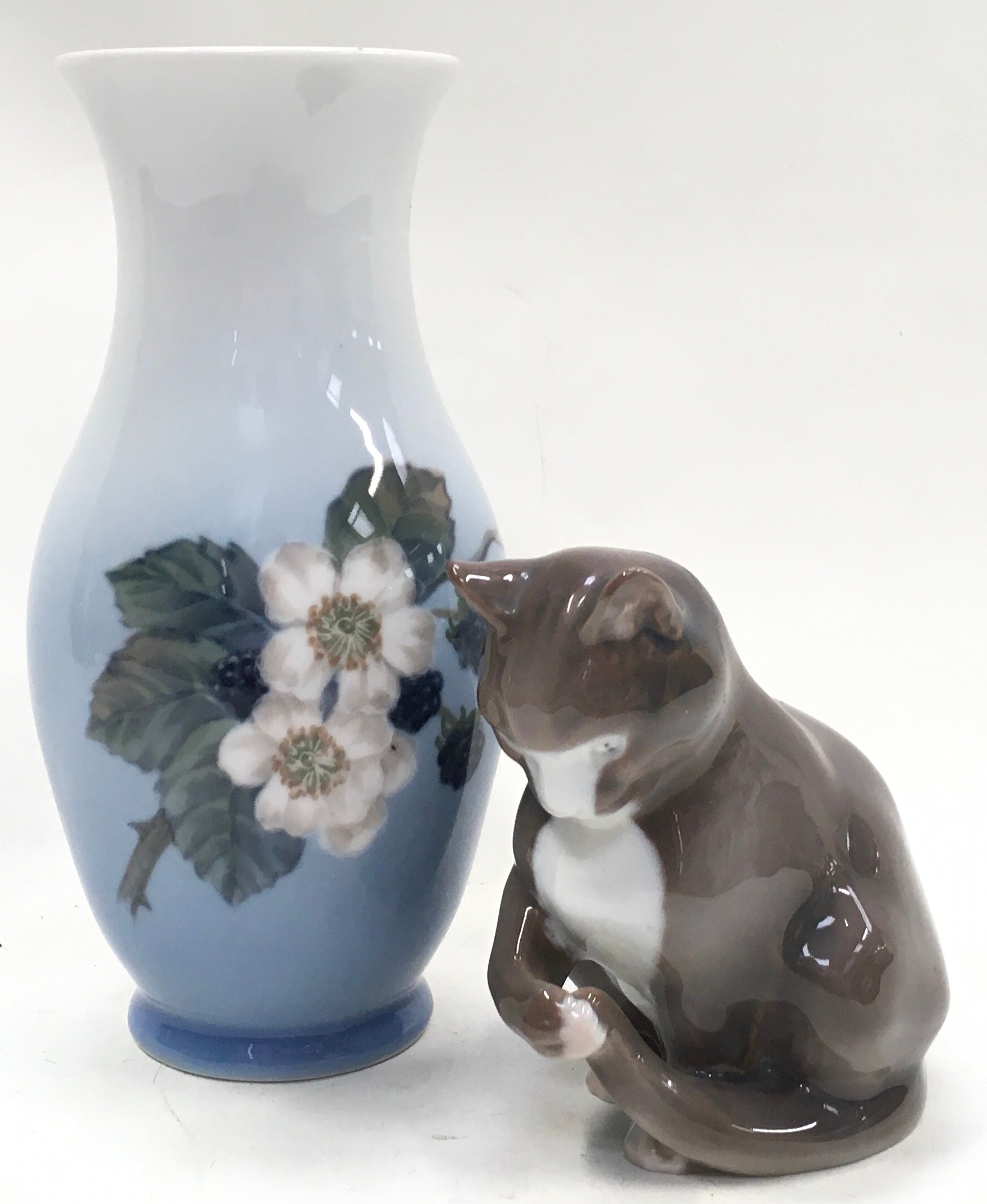 Royal Copenhagen Blue Blackberry Vase together a sitting Bing & Grondahl cat