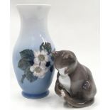 Royal Copenhagen Blue Blackberry Vase together a sitting Bing & Grondahl cat