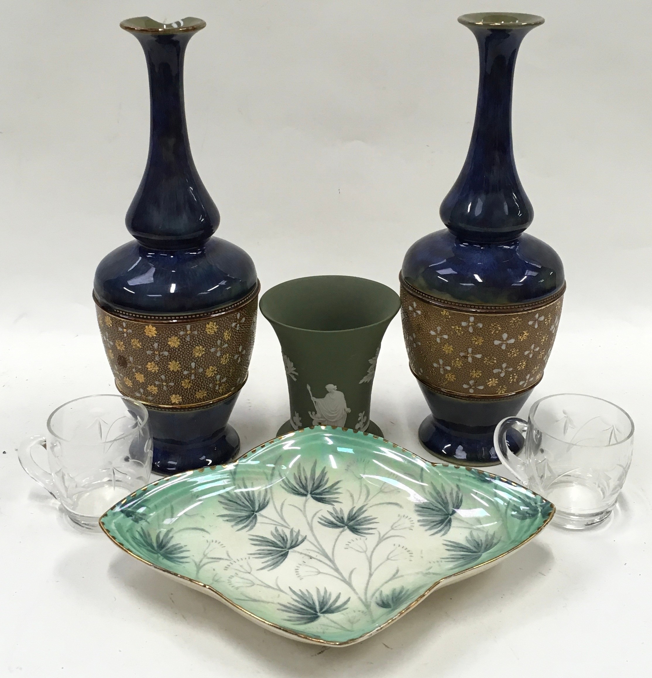 Pair Royal Doulton blue mottled long neck vases 1 a/f, Royal Grafton dish, Wedgewood green vase,