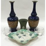 Pair Royal Doulton blue mottled long neck vases 1 a/f, Royal Grafton dish, Wedgewood green vase,