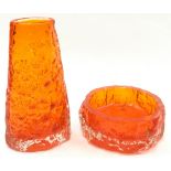 Whitefriars Glass Tangerine Bark Volcano vase by Geoffrey Baxter, 7" tall c/w a similar Tangerine