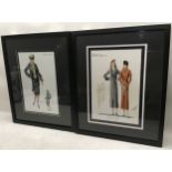 Pair of framed prints depicting early 20th century French fashion. Overall frame size 21" x 17"