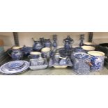 Extensive collection of Foley Ware blue and white pottery on one shelf