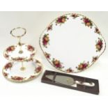 Royal Albert Old Country Roses two tier cake stand c/w large 13.5" cake plate and serving knife