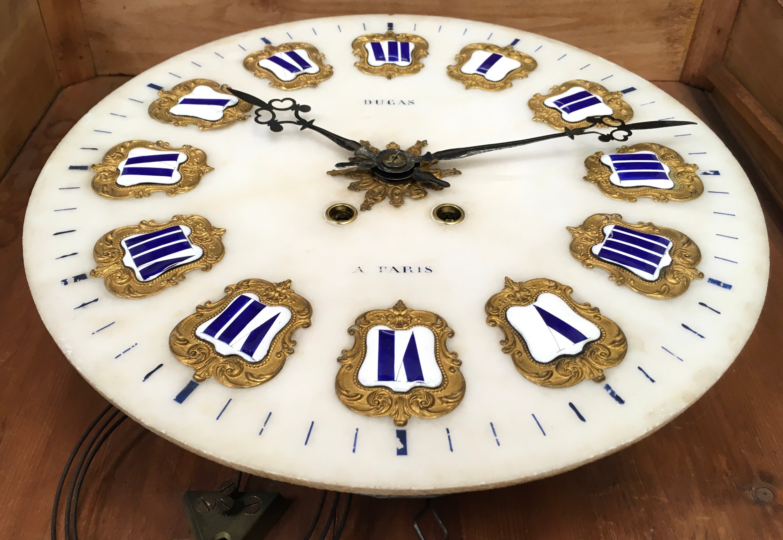 Quality wall clock with gilded enamel hour markers, signed Dugas a Paris to dial. Housed in a glazed - Image 3 of 9