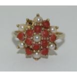 Large Mediterranean Coral and seed pearl 9ct gold ring Size S