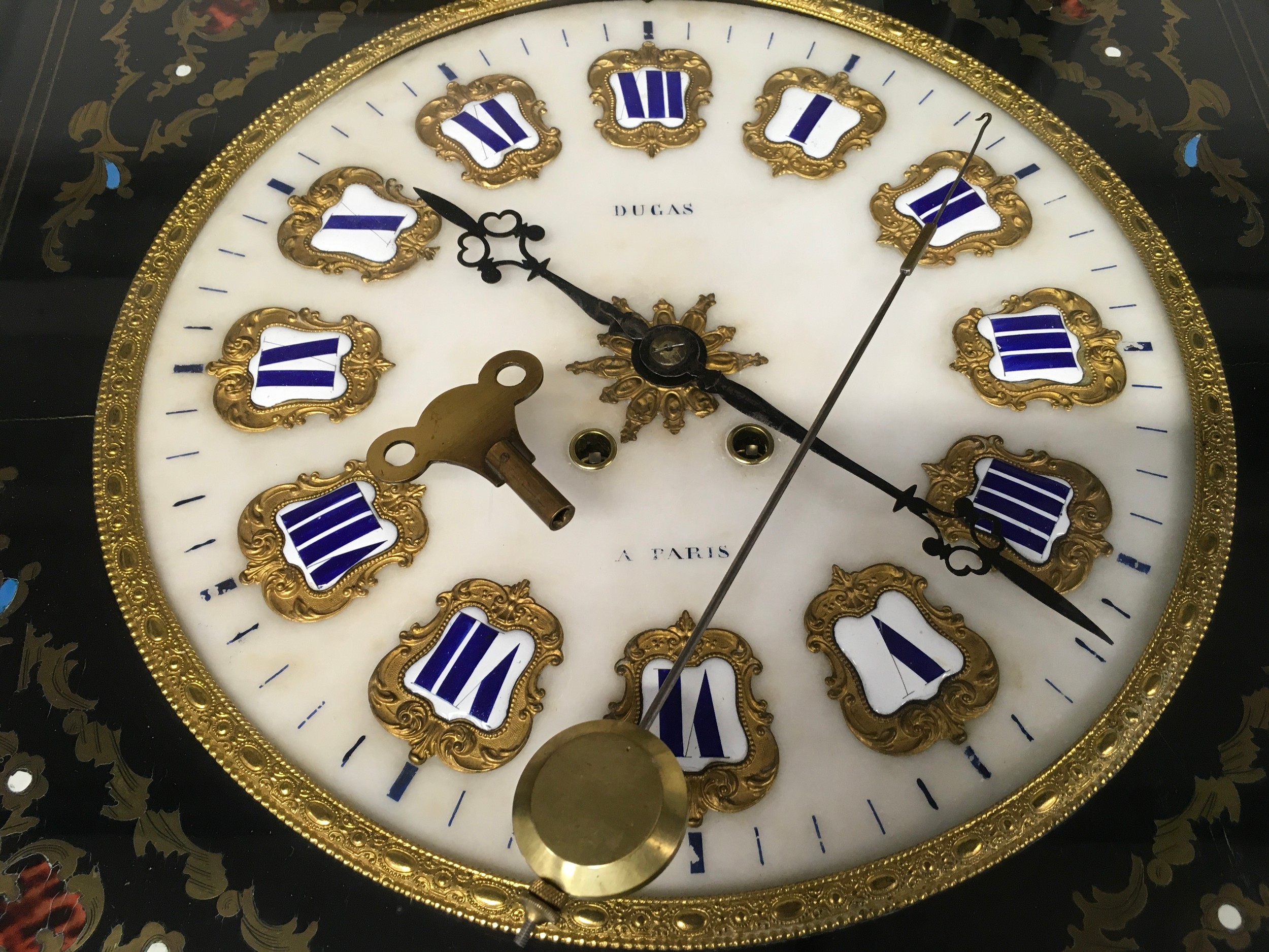 Quality wall clock with gilded enamel hour markers, signed Dugas a Paris to dial. Housed in a glazed - Image 9 of 9