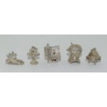 5 silver articulated opening charms, includes Nuvo haunted house.