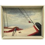 Mid 20th century framed oil on canvas painting of a boat at sea signed "M. Wilkins 1963" 43x34cm.