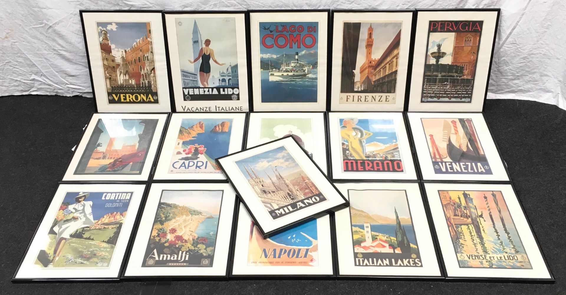 16 framed reproduction Italian tourist advertising posters (40cm x 30cm)