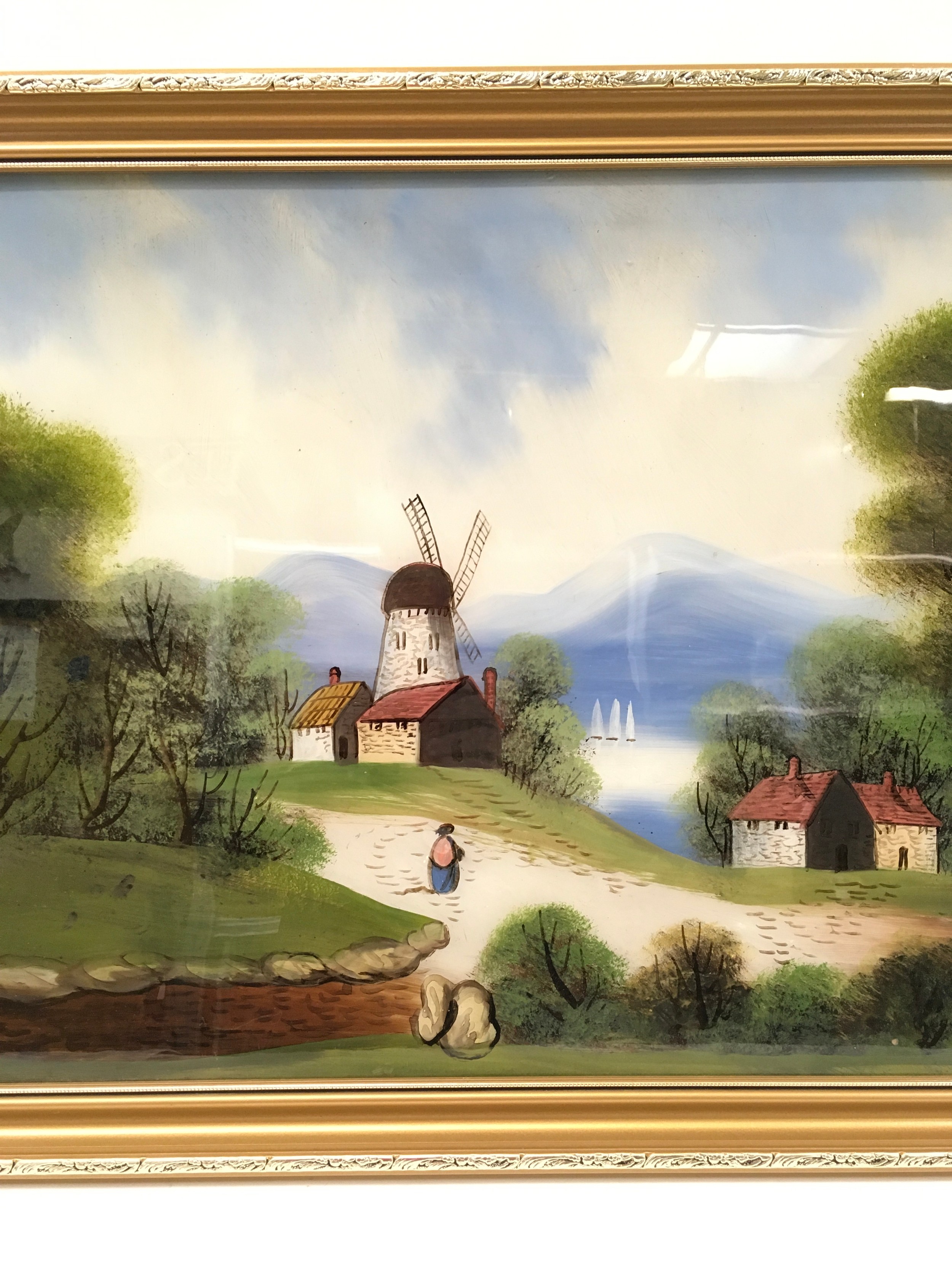 Gilt frame oil on glass depicting a lake side wind mill 65x45cm - Image 3 of 5