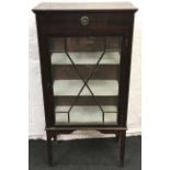 Small mahogany glazed china display cabinet with drawer to top 123x61x30cm.