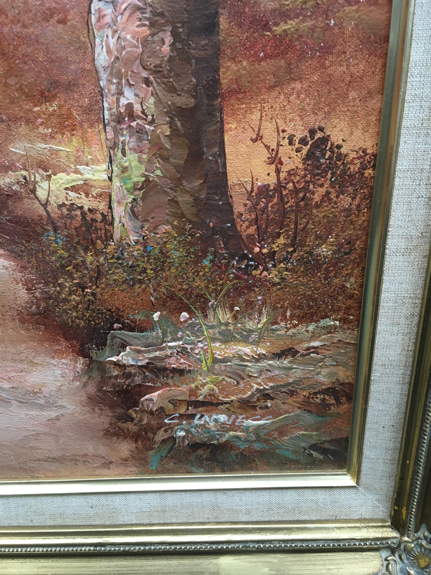 Large gilt frame oil on canvase of an "Autumn Woodland" scene signed C.Inness 100x70cm - Image 2 of 8