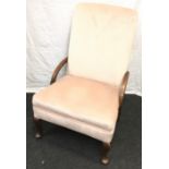 Vintage oak framed low bedroom/nursing chair upholstered in a dusky pink fabric. seat height